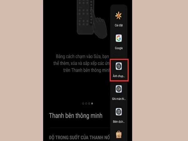 trượt màn hình điện thoại về bên phải và chạm vào biểu tượng chụp ảnh màn hình