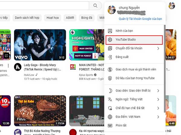Tìm và chọn mục "Youtube Studio"