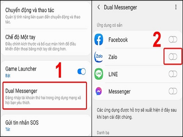 bật công tắc để kích hoạt tính năng. dual messenger